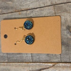 NEW Druzy Sparkly Drop Crystal Round Pendant Dangly Earrings Dark Blue & Gold